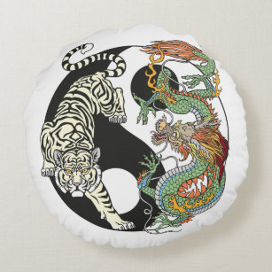 White tiger versus green dragon in the yin yang ro round pillow