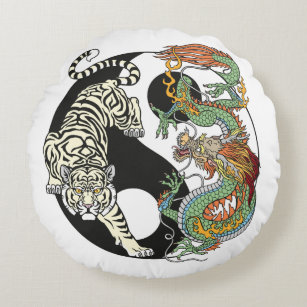 White tiger versus green dragon in the yin yang round pillow