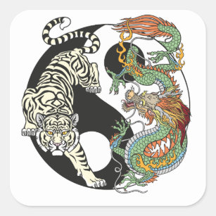 White tiger versus green dragon in the yin yang square sticker