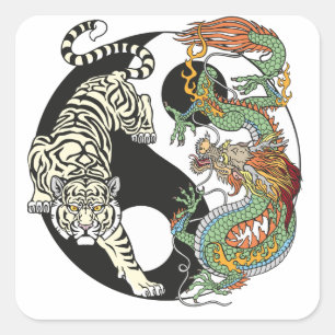 White tiger versus green dragon in the yin yang square sticker