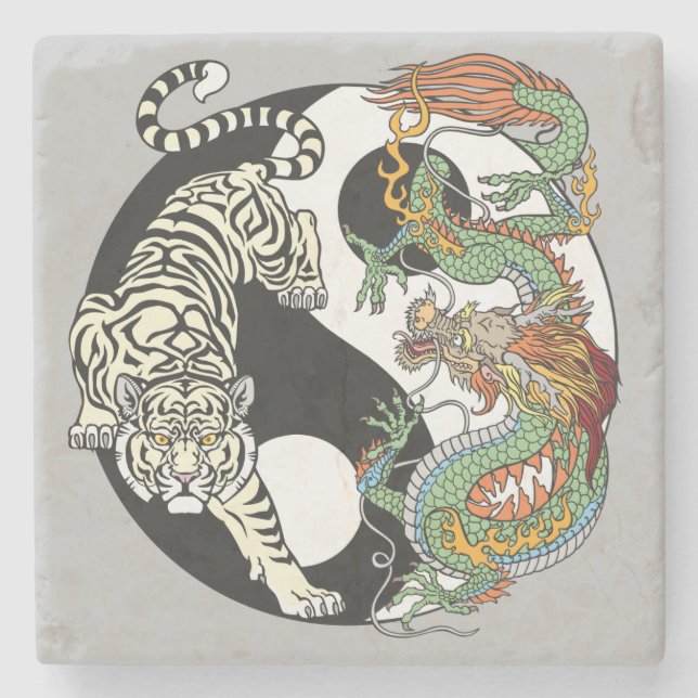 White tiger versus green dragon in the yin yang stone coaster (Front)