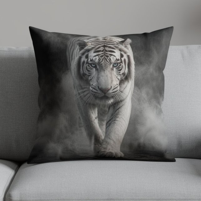 White Tiger Walking Through Smoke Throw Pillow (Creator Uploaded)