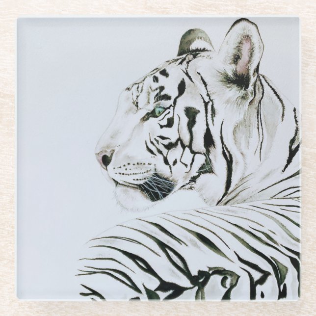 White Tiger Watercolor Glass Coaster (Front)
