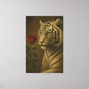 White Tiger with a Rose – Premium Portrait Fine Ar Canvas Print