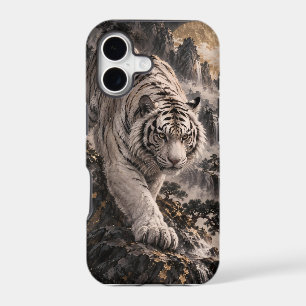 White Tiger with Full Moon and Snowy Mountains