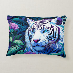 White Tiger with purple flowers Pillowcase Accent Pillow