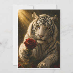 White Tiger with red Rose Under Moonlight – Roman Card