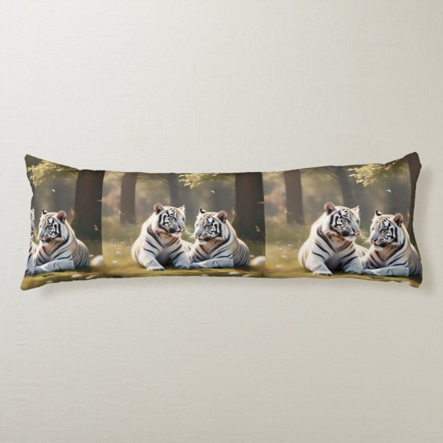 White Tigers in Soft Forest Light – Elegant Body Pillow (Front)