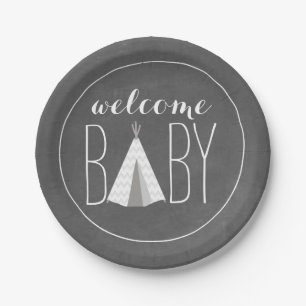 White Tipi Baby Shower - Chalk Inspired Paper Plate