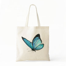White Tote Bag with Blue Butterfly & Blue Flowe