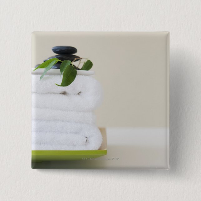 White towels and spa stones 2 inch square button (Front)