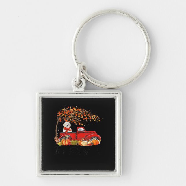White Toy Poodle It’s Fall Y’all Pumpkin Fall  Keychain (Front)
