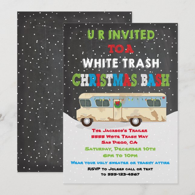 White Trailer Trash Christmas Party Bash Invitation (Front/Back)