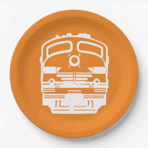 White Train Engine Profile on Orange Background Paper Plate