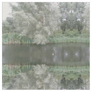 White Tree and River Landscape Patterned Fabric