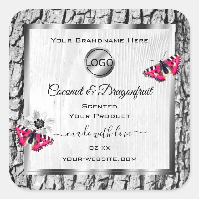 White Tree Bark Pink Butterfly Product Labels Logo (Front)