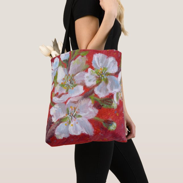 White Tree Blossoms on Red Background Tote Bag (Close Up)