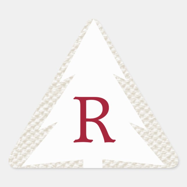 White Tree on Beige, Burgundy Monogram Christmas Triangle Sticker (Front)