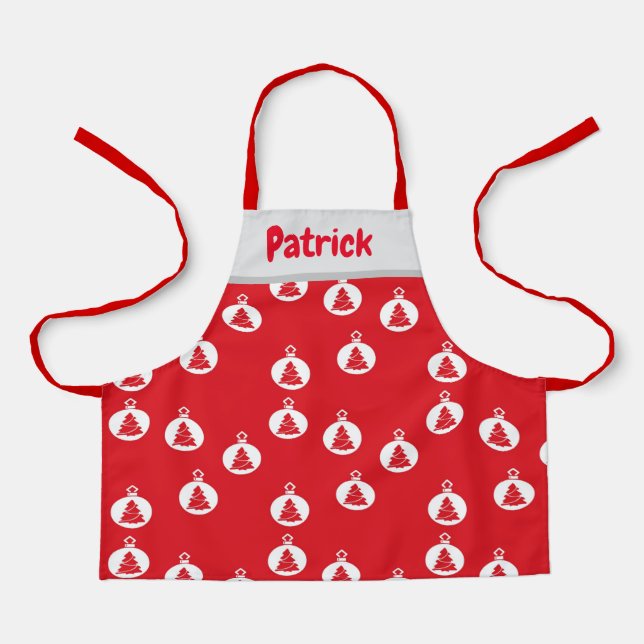 White tree ornaments on red apron (Front)