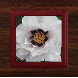 White Tree Peony Floral Gift Box<br><div class="desc">Store trinkets,  jewellery and other small keepsakes in this wooden gift box with ceramic tile that features the photo image of a large,  white Tree Peony flower with dark purple centre flares. A lovely,  floral design! Select your gift box size and colour.</div>