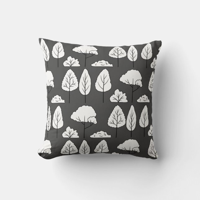 White Tree Silhouettes Pattern on Grey  Throw Pillow (Front)