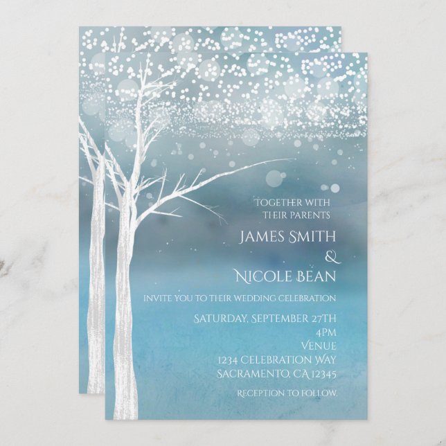 White Tree Winter Blue Elegant Wedding Invitation (Front/Back)