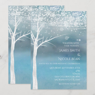 White Tree Winter Blue Elegant Wedding Invitation