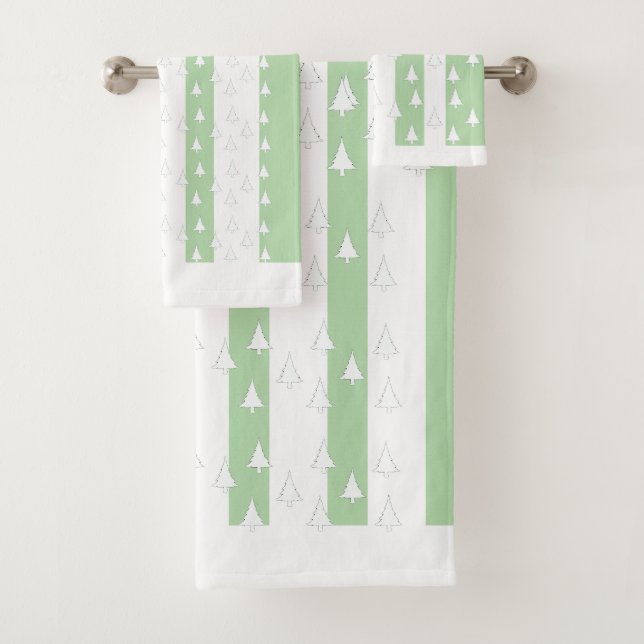 White Trees + Pastel Green  Stripes  Bath Towel Set (Insitu)