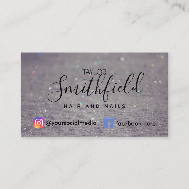 White Trendy Glitter Hair and Nails Salon Modern Business Card (Front)
