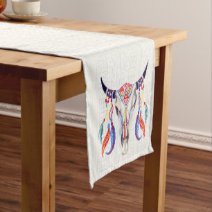 White Tribal Bull Skull And Feathers Short Table Runner