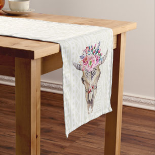 White Tribal Bull Skull Short Table Runner