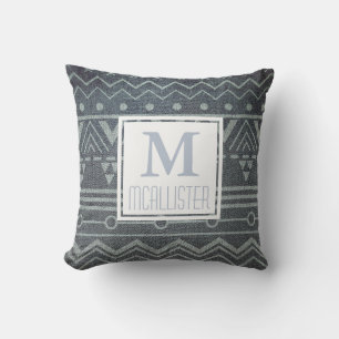 White Tribal Pattern on Faux Denim - Personalized Throw Pillow