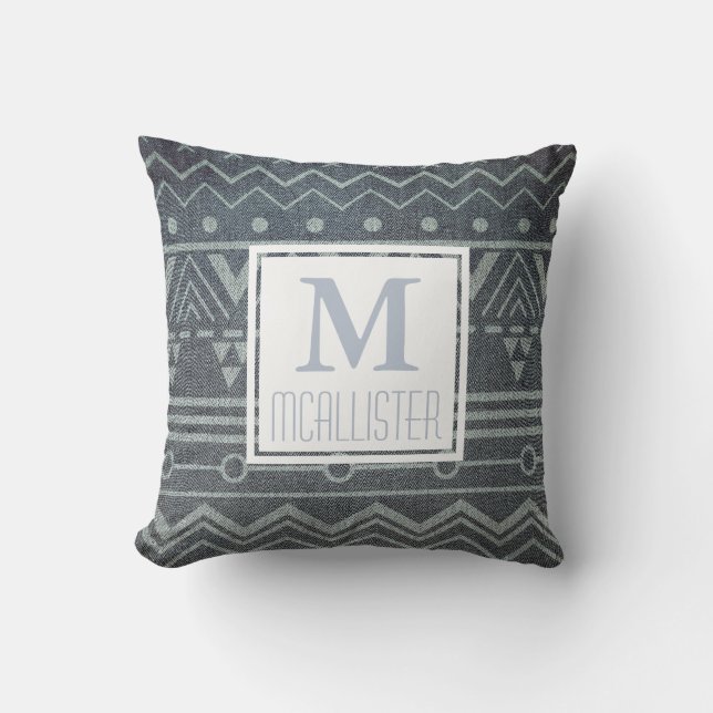 White Tribal Pattern on Faux Denim - Personalized Throw Pillow (Front)