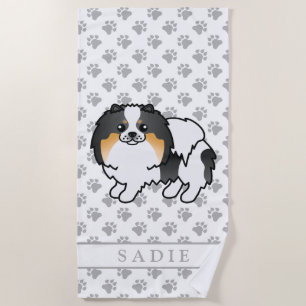White Tricolor Pomeranian Cute Cartoon Dog & Name Beach Towel