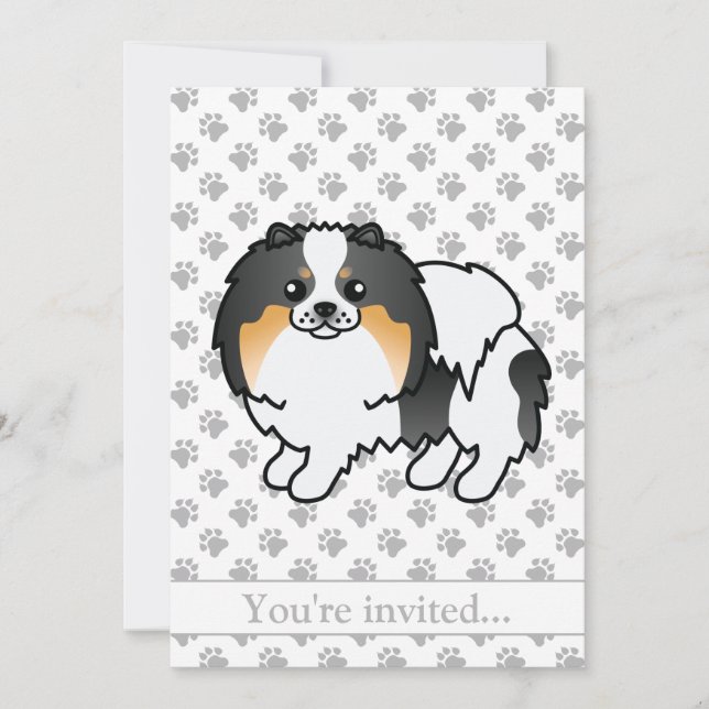 White Tricolor Pomeranian Cute Dog Birthday Party Invitation (Front)