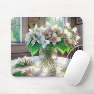 White Trilliums In a Vintage Glass Jar Mouse Pad