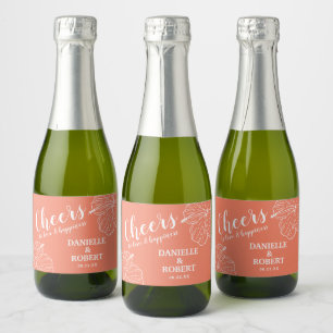 White Tropical Floral Hibiscus on Peach Pink Mini Sparkling Wine Label