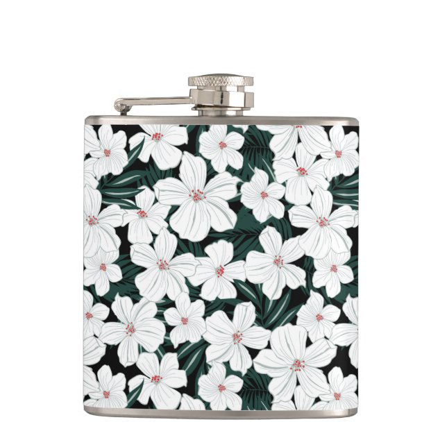 White Tropical Flowers Pattern Hip Flask (Front)