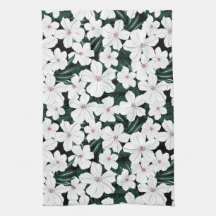White Tropical Flowers Pattern Kitchen Towel