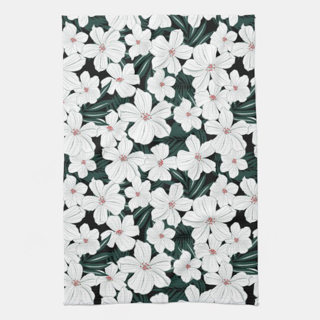 White Tropical Flowers Pattern Kitchen Towel (Vertical)