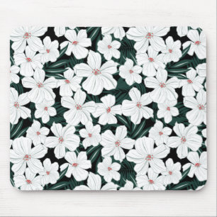White Tropical Flowers Pattern Mouse Pad