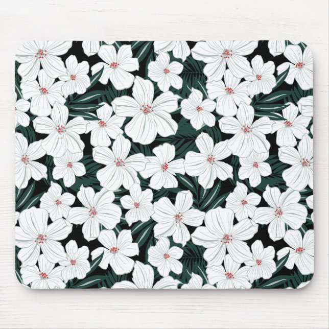 White Tropical Flowers Pattern Mouse Pad (Front)