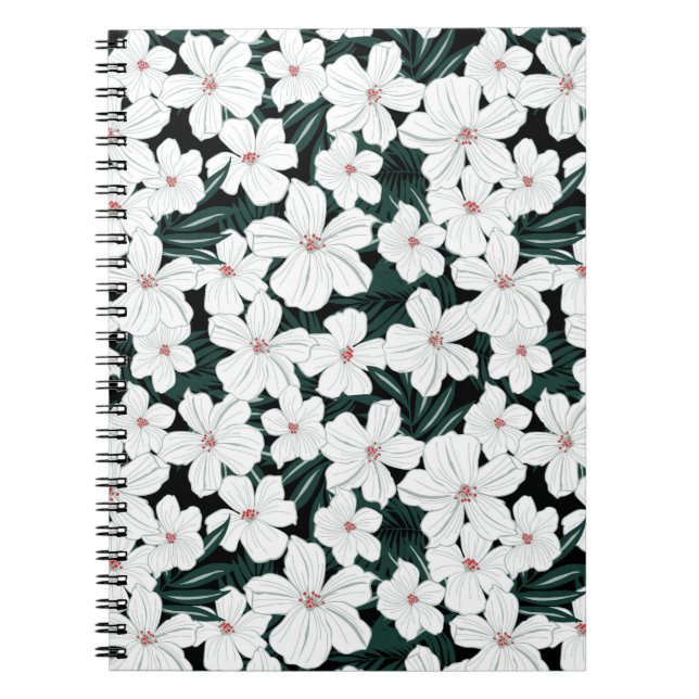 White Tropical Flowers Pattern Notebook (Front)
