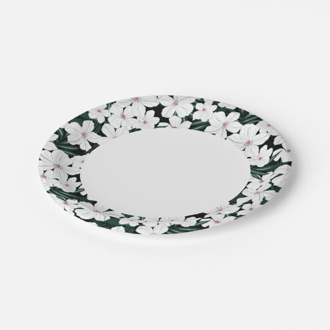 White Tropical Flowers Pattern Paper Plate (Angled)