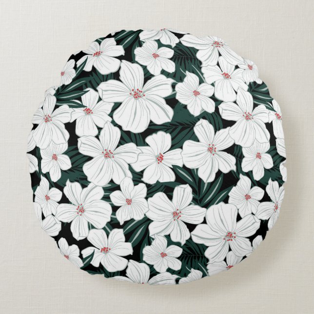 White Tropical Flowers Pattern Round Pillow (Front)
