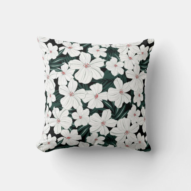 White Tropical Flowers Pattern Throw Pillow (Front)
