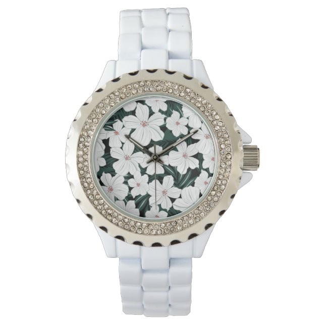 White Tropical Flowers Pattern Watch (Front)