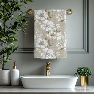 White tropical flowers taupe beige stylish decor bath towel set