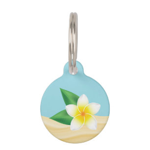 White Tropical Frangipani Flower & Custom Info Pet Tag