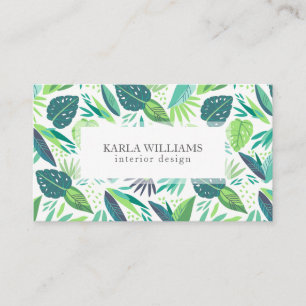 White & Tropical Green Leafs Pattern Business Card
